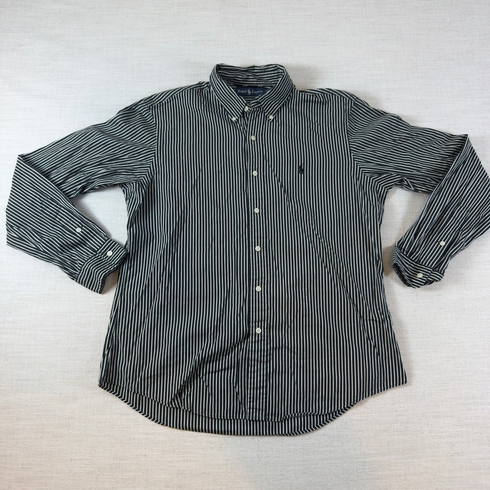 Ralph Lauren Mens Large Custom Fit Black White Striped Button Down Shirt